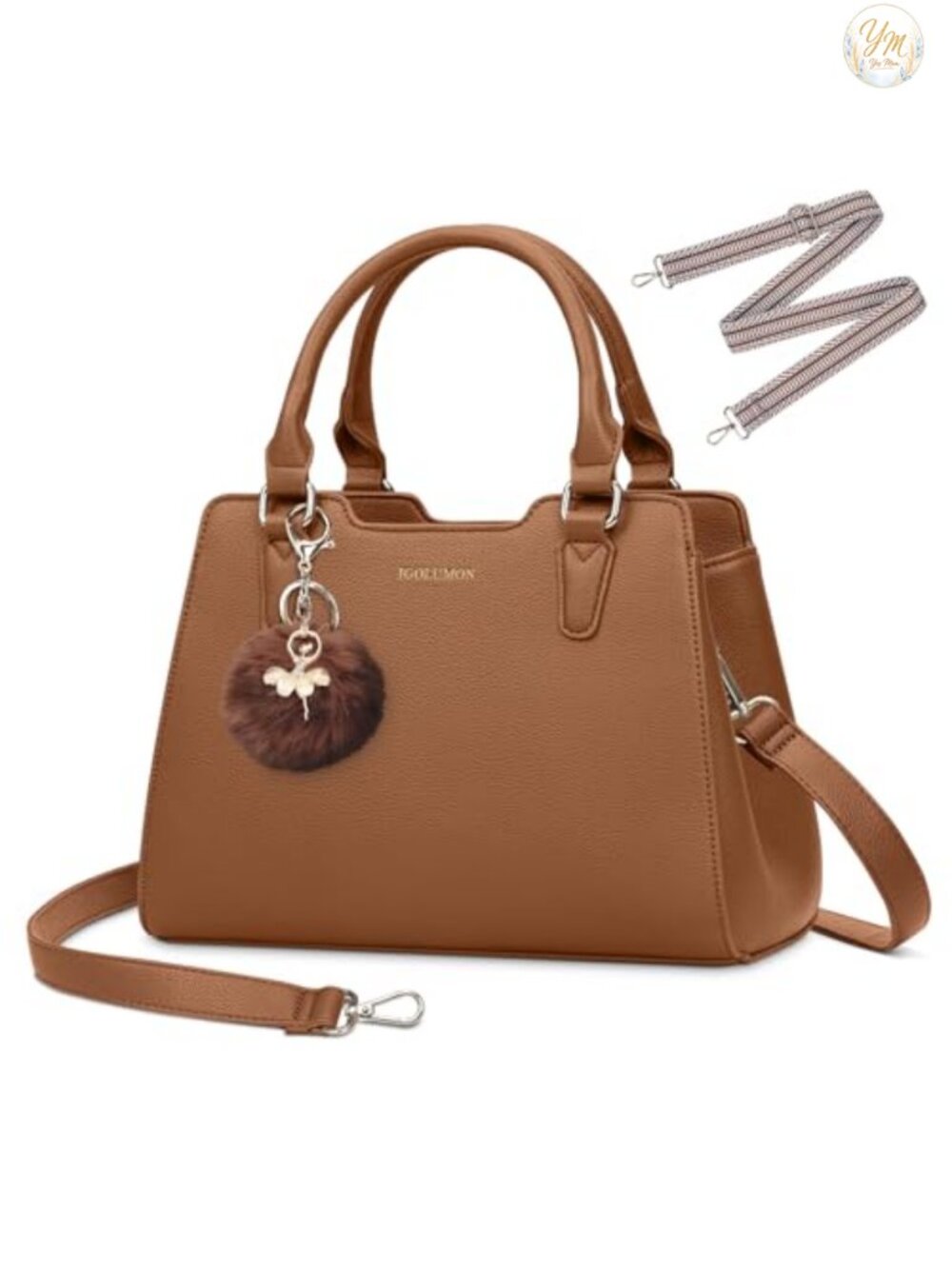 Women's PU Vegan Leather Satchel Top-Handle Handbag Tote Purse with Pompom